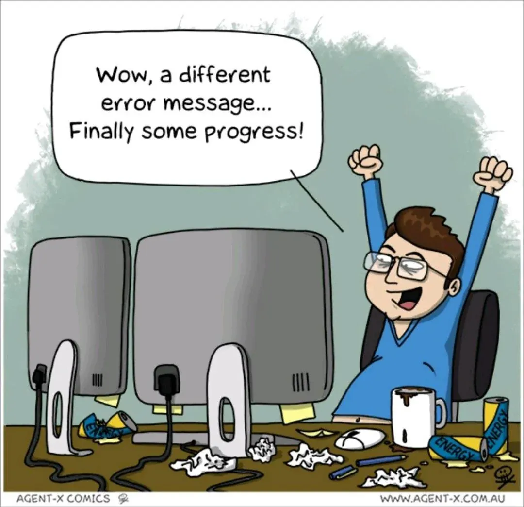 Cartoon man at two monitors raises fists, cheering a different error message as progress, desk littered with energy drink