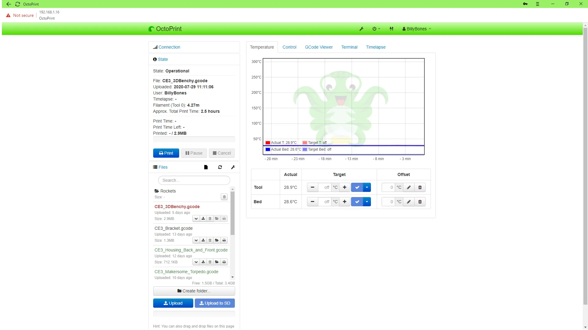 OctoPrint web dashboard showing an operational printer with CE3_3DBenchy.gcode loaded, file list, and a temperature graph