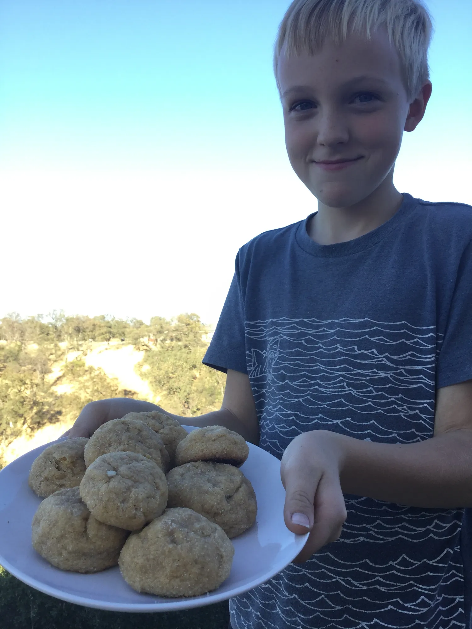 Smiling blond boy in a wave-print T-shirt holds a white plate of sugar-coated pumpkin cookies outdoors before a wooded