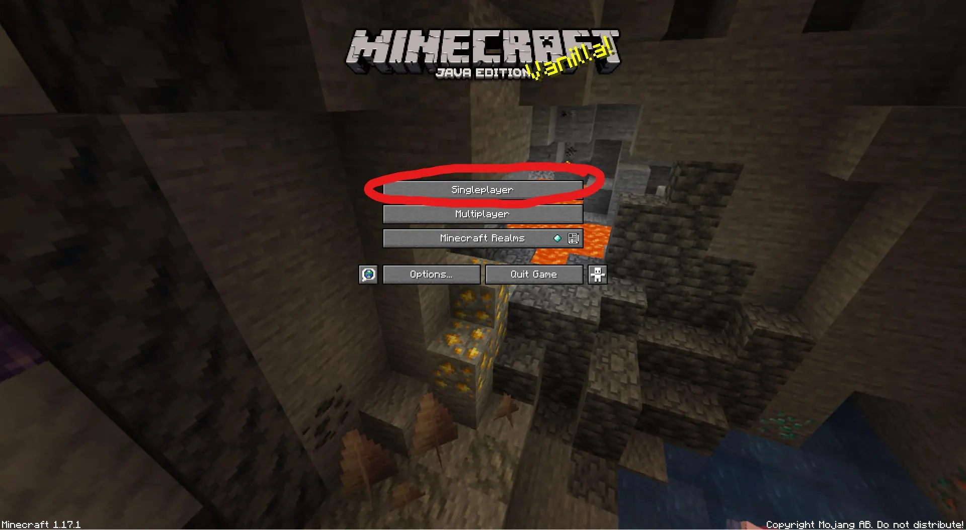 Minecraft Java Edition 1.17.1 title screen over a cave with lava, Singleplayer button circled in red above Multiplayer and
