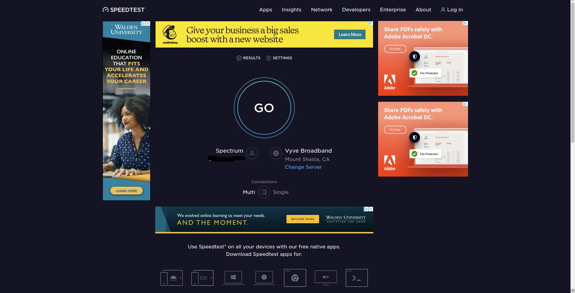 Speedtest.net page with GO button, Spectrum ISP and Vyve Broadband server, surrounded by Mailchimp, Walden and Adobe ads