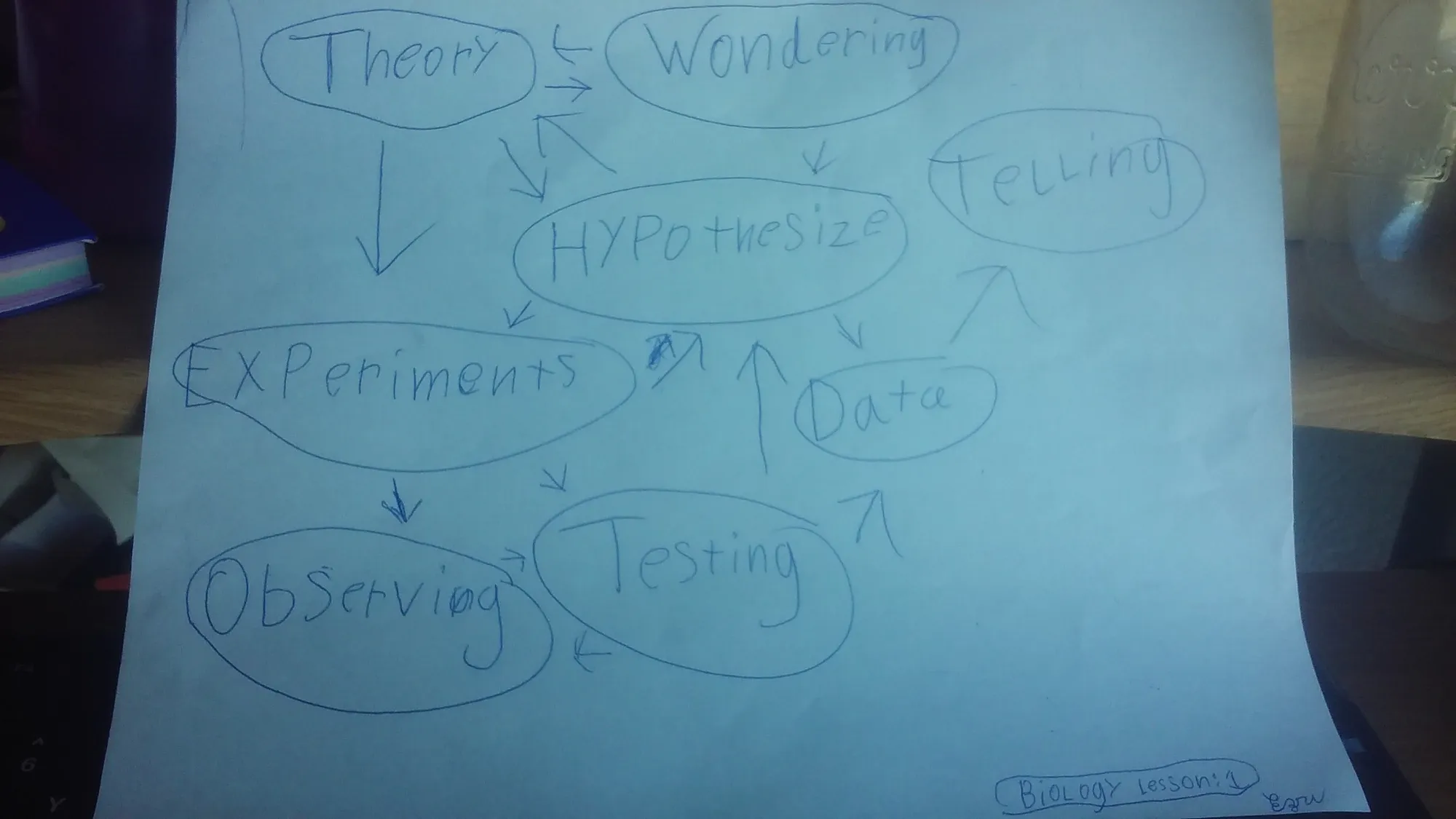 Hand-drawn blue ink flowchart linking Theory, Wondering, Hypothesize, Experiments, Observing, Testing, Data and Telling