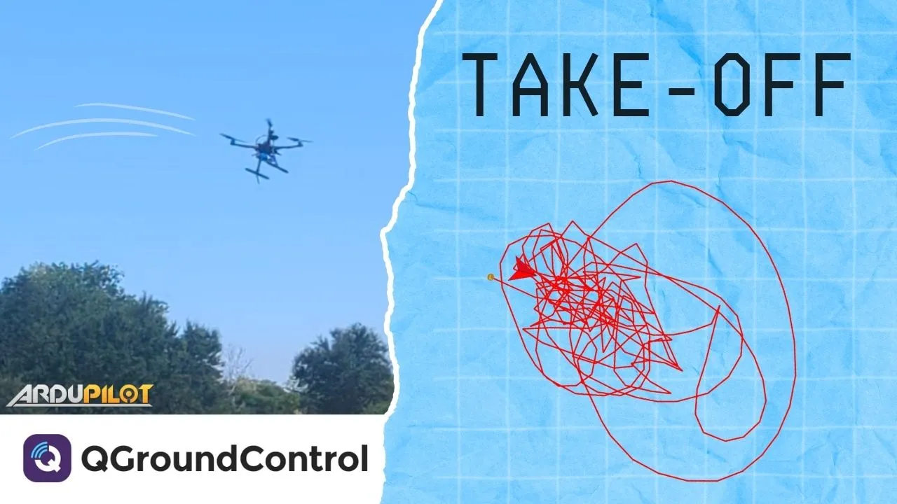 Quadcopter flying above trees beside a red tangled flight path on blue grid paper labeled TAKE-OFF, with ArduPilot and