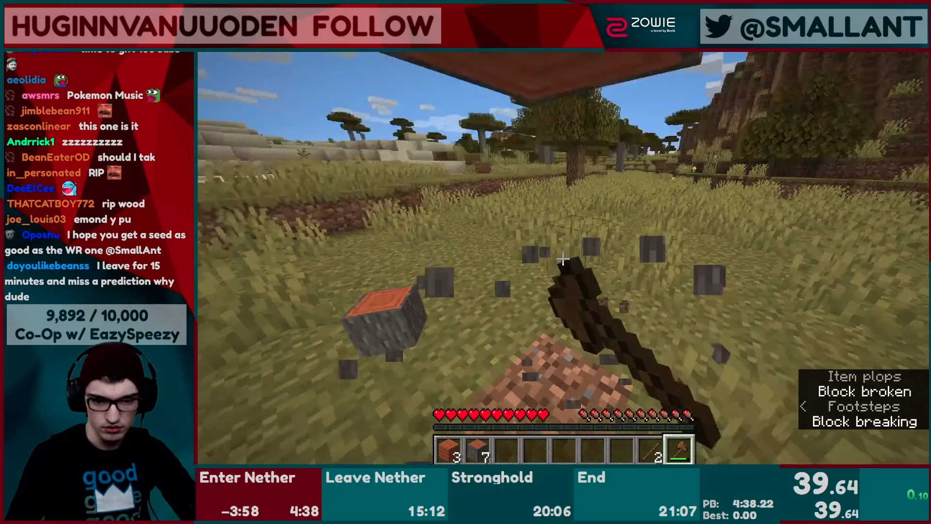Minecraft speedrun stream overlay with chat panel, webcam, follower goal, split timer bar and gameplay of breaking acacia