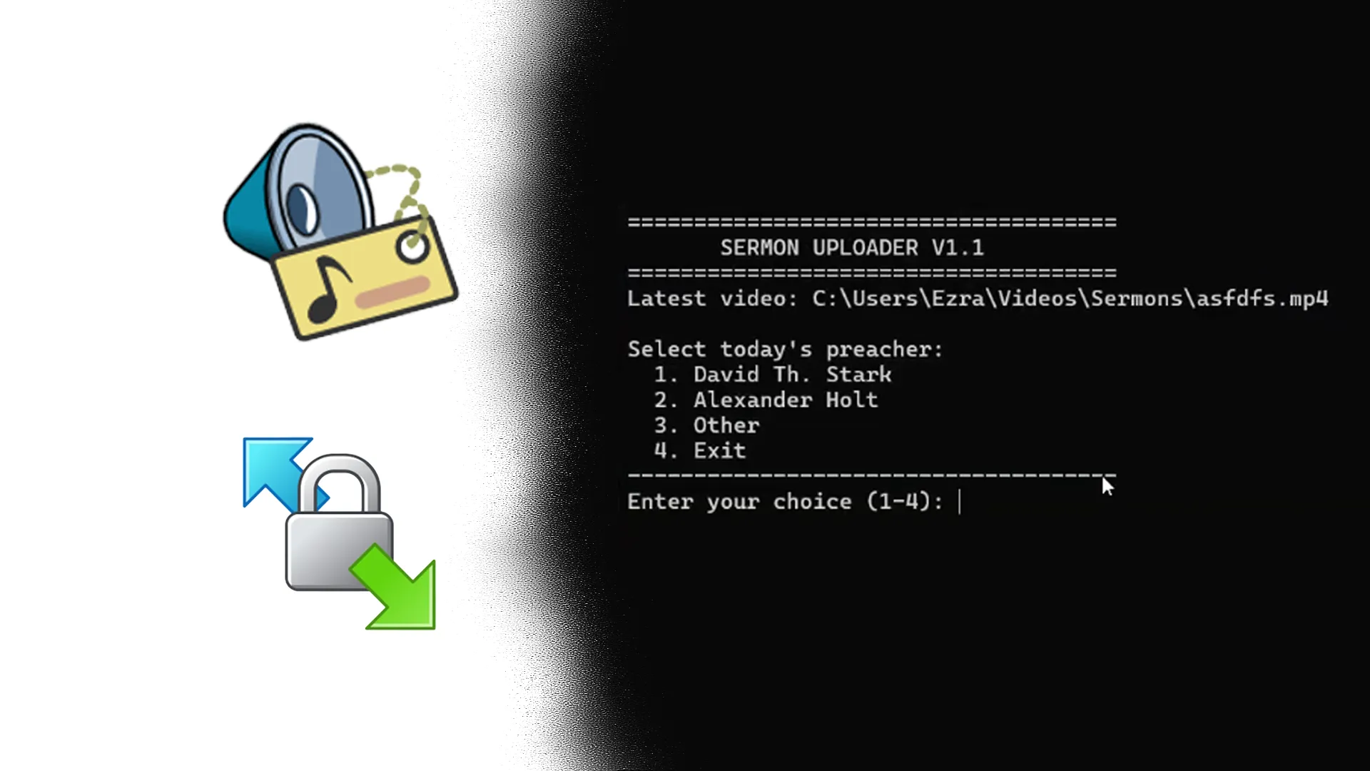 EasyTag and WinSCP icons beside a terminal running Sermon Uploader V1.1, prompting to select today's preacher from a menu