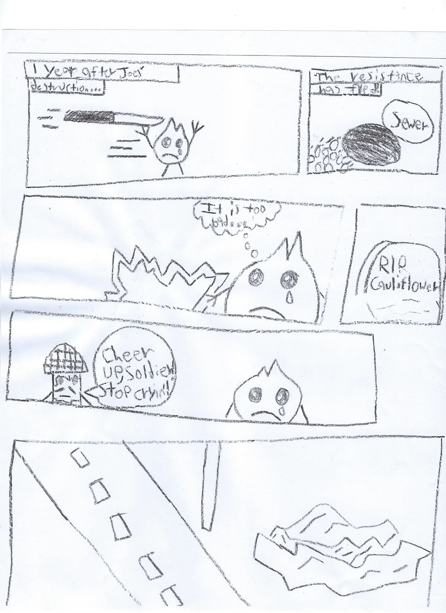 Child's pencil comic page: a crying onion character flees, mourns at an RIP Cauliflower grave, and is told Cheer up soldier