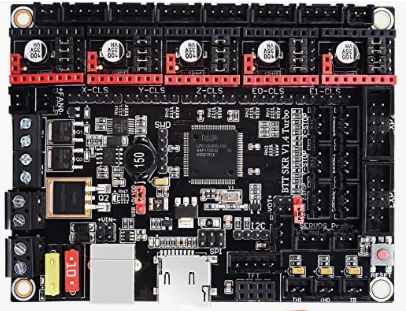 BTT SKR V1.4 Turbo 3D printer motherboard, black PCB with five red stepper driver slots, screw terminals, USB port and fuses.
