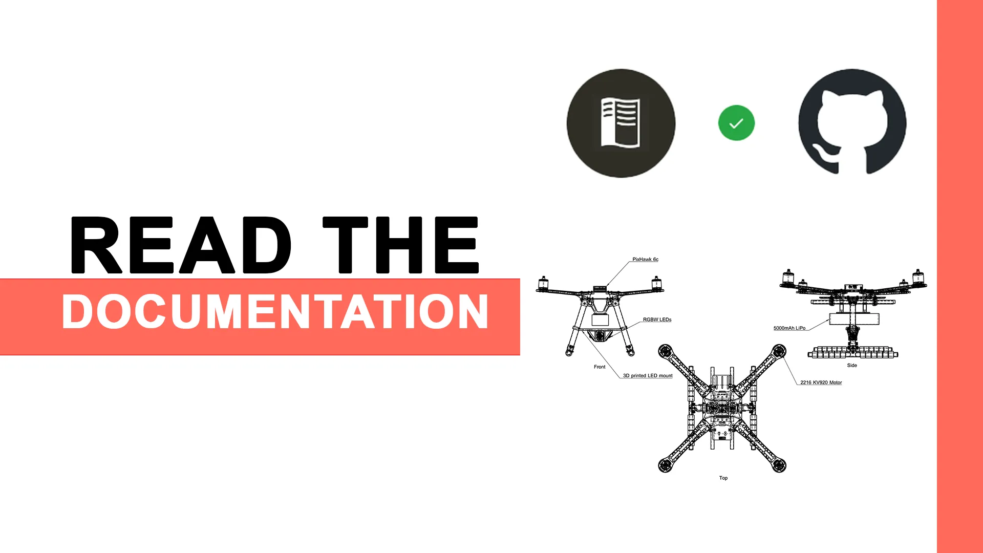 Read the Documentation banner with a docs icon, green checkmark, GitHub logo, and labeled quadcopter drone technical drawings