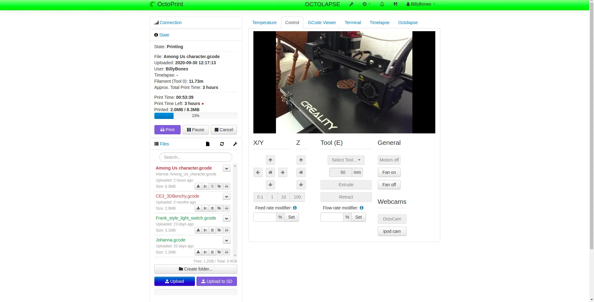 OctoPrint Control tab showing a webcam feed of a Creality 3D printer mid-print, 23% done on Among Us character.gcode