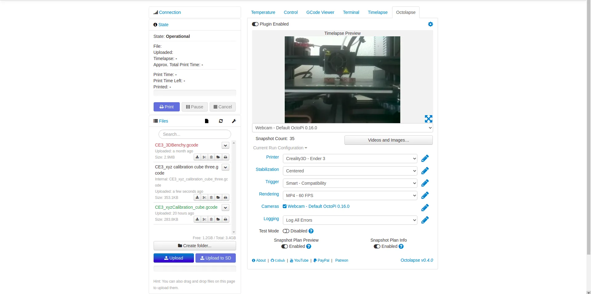 OctoPrint Octolapse tab showing webcam preview of an Ender 3 printer, snapshot count 35, and timelapse settings dropdowns