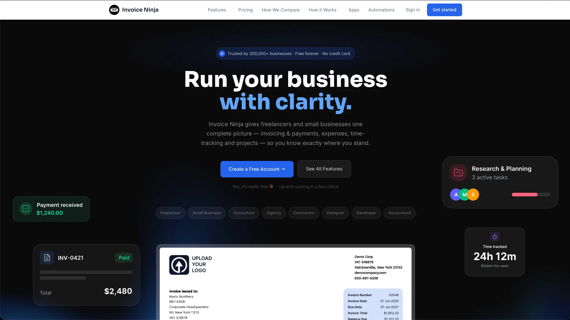 invoice ninja landing page screen grab